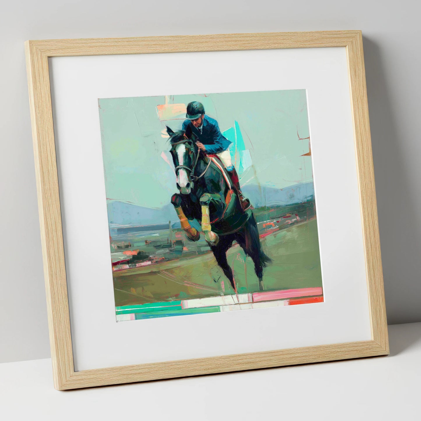 Bold Ascent show jumping horse art print in natural frame