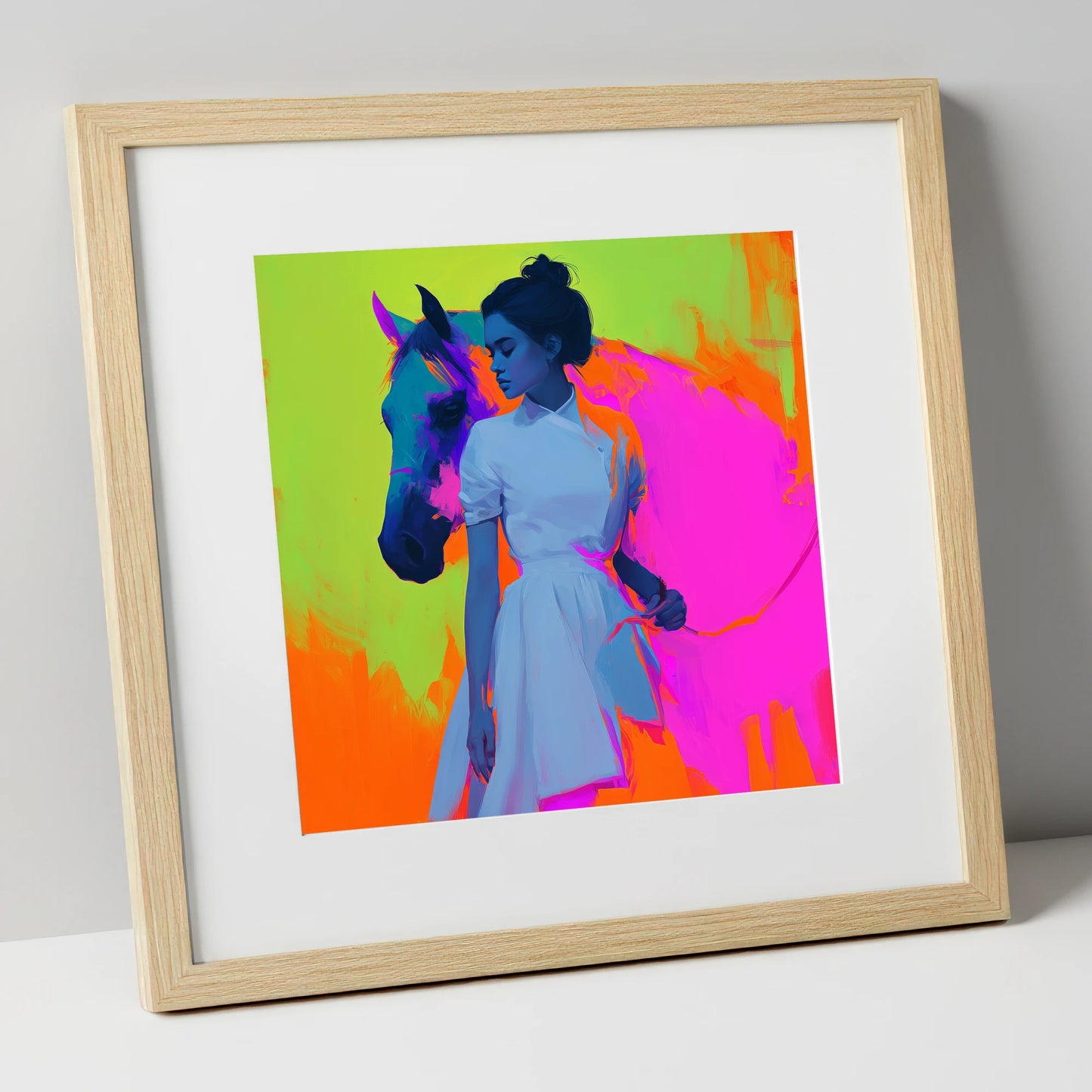 Electric Connection horse & rider art print in natural frame