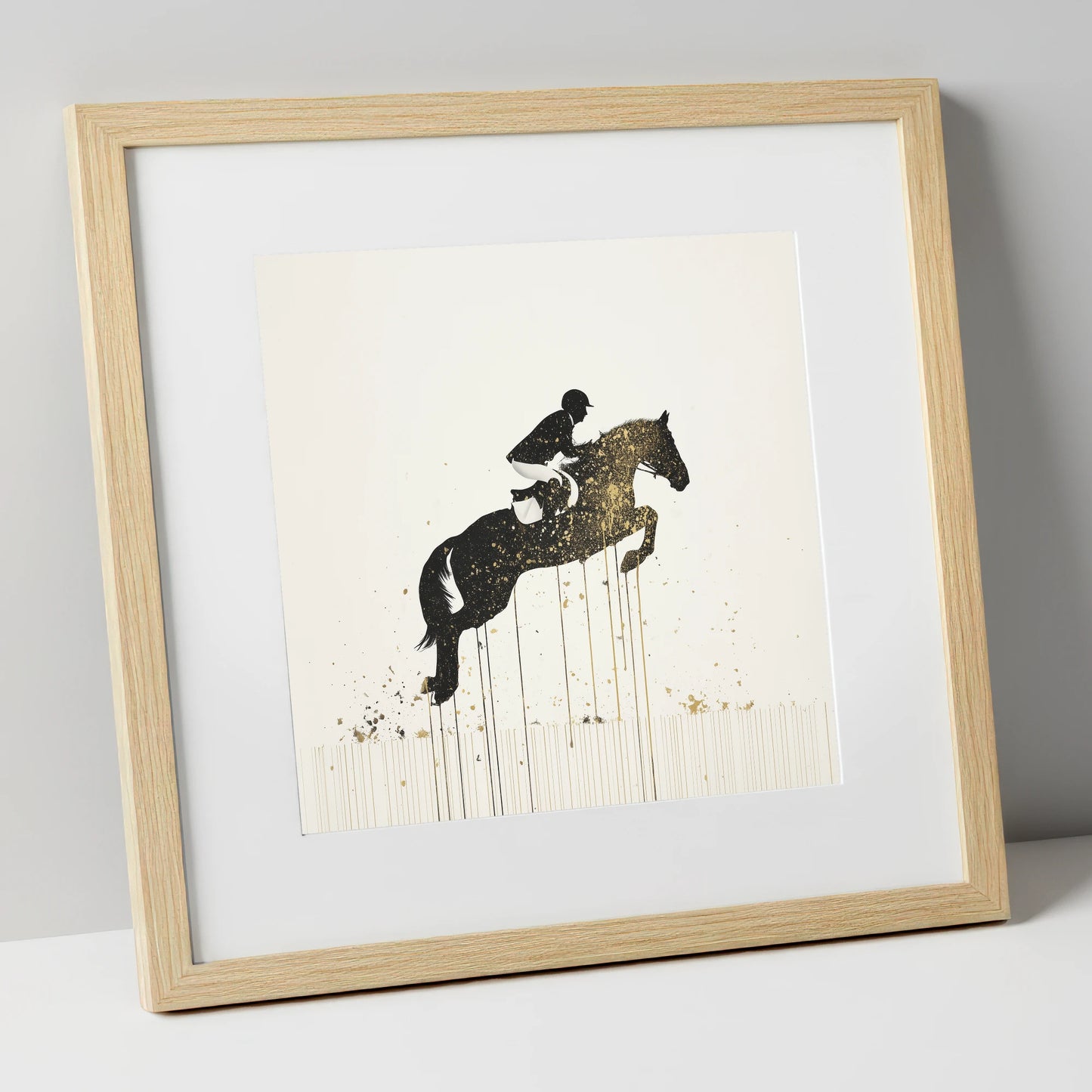 Suspended in Gold show jumping horse art print in natural frame