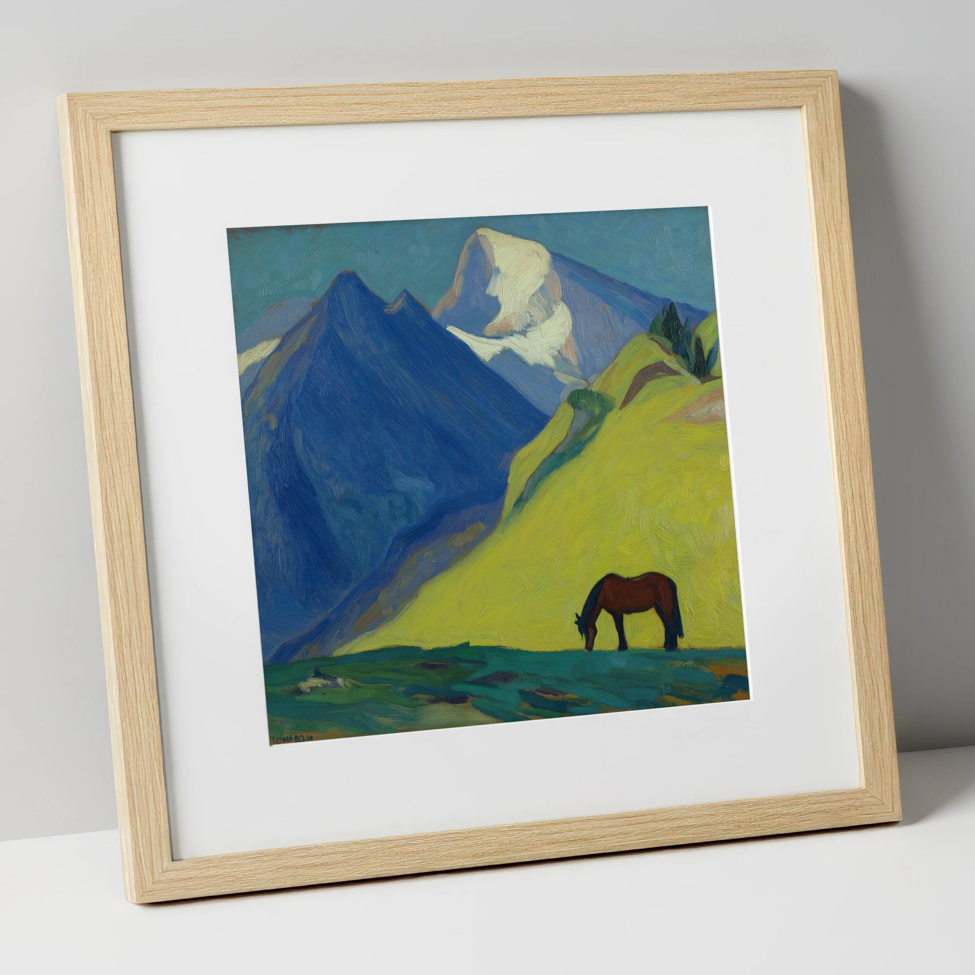 Blue Mountain Pasture horse landscape art print in natural frame
