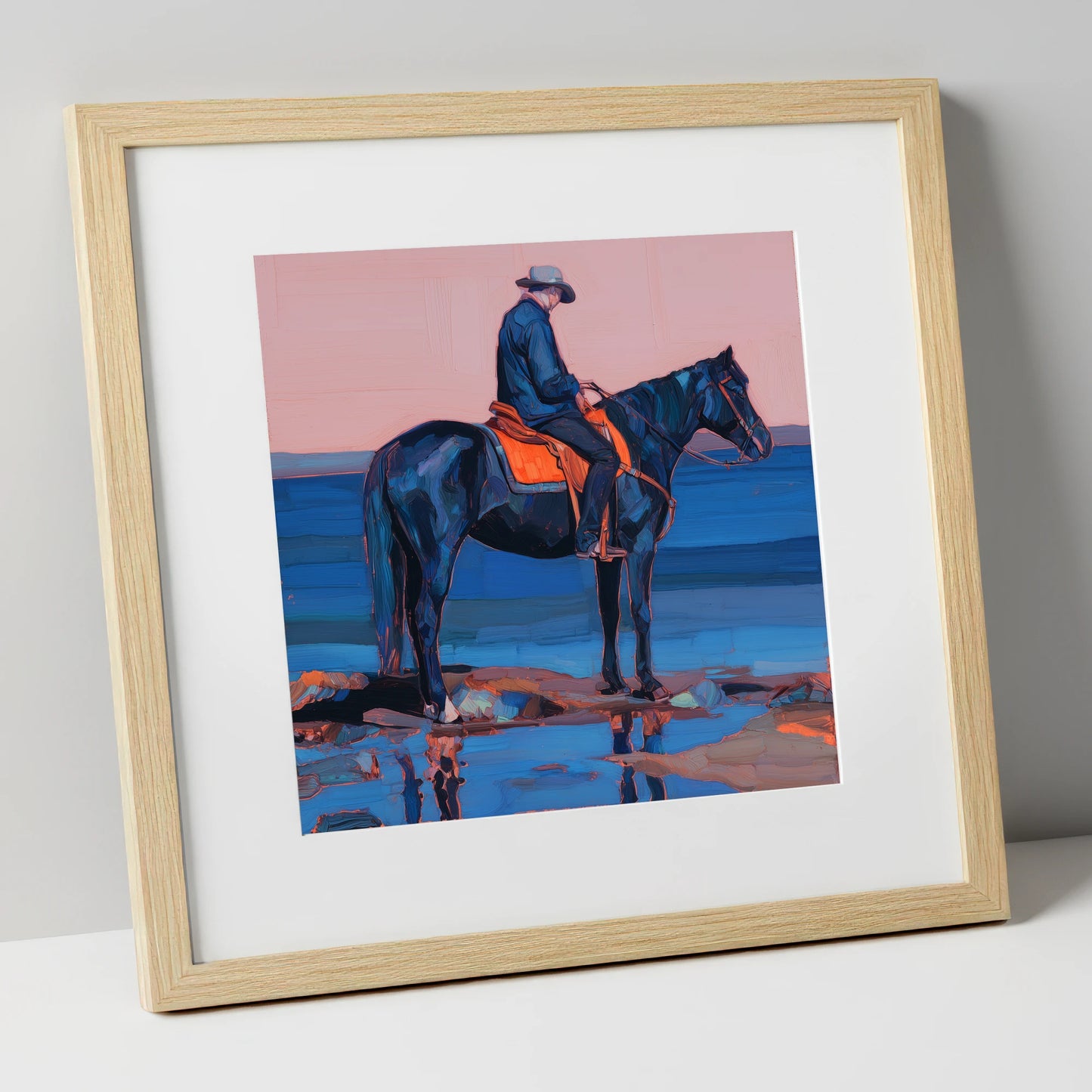 Indigo Shoreline Rider beach horse art print in natural frame