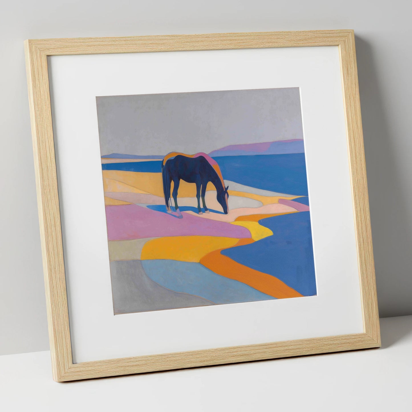 Vivid Equine Horizon horse landscape art print in natural frame