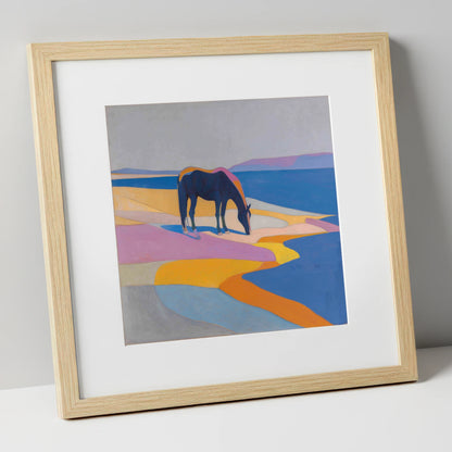 Vivid Equine Horizon horse landscape art print in natural frame