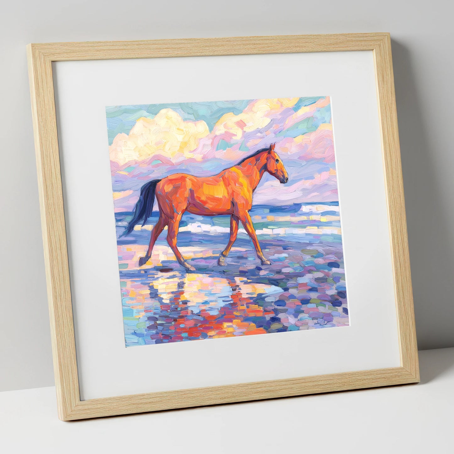 Vibrant Coastal Stroll horse landscape art print in natural frame