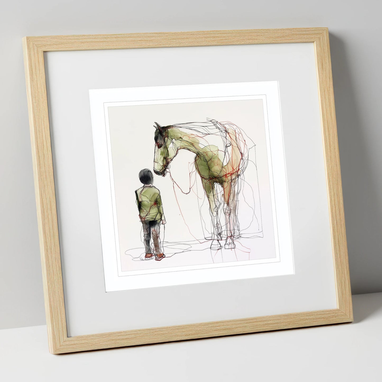 Threads of Connection horse & rider art print in natural frame