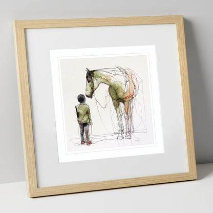 Threads of Connection horse & rider art print in natural frame
