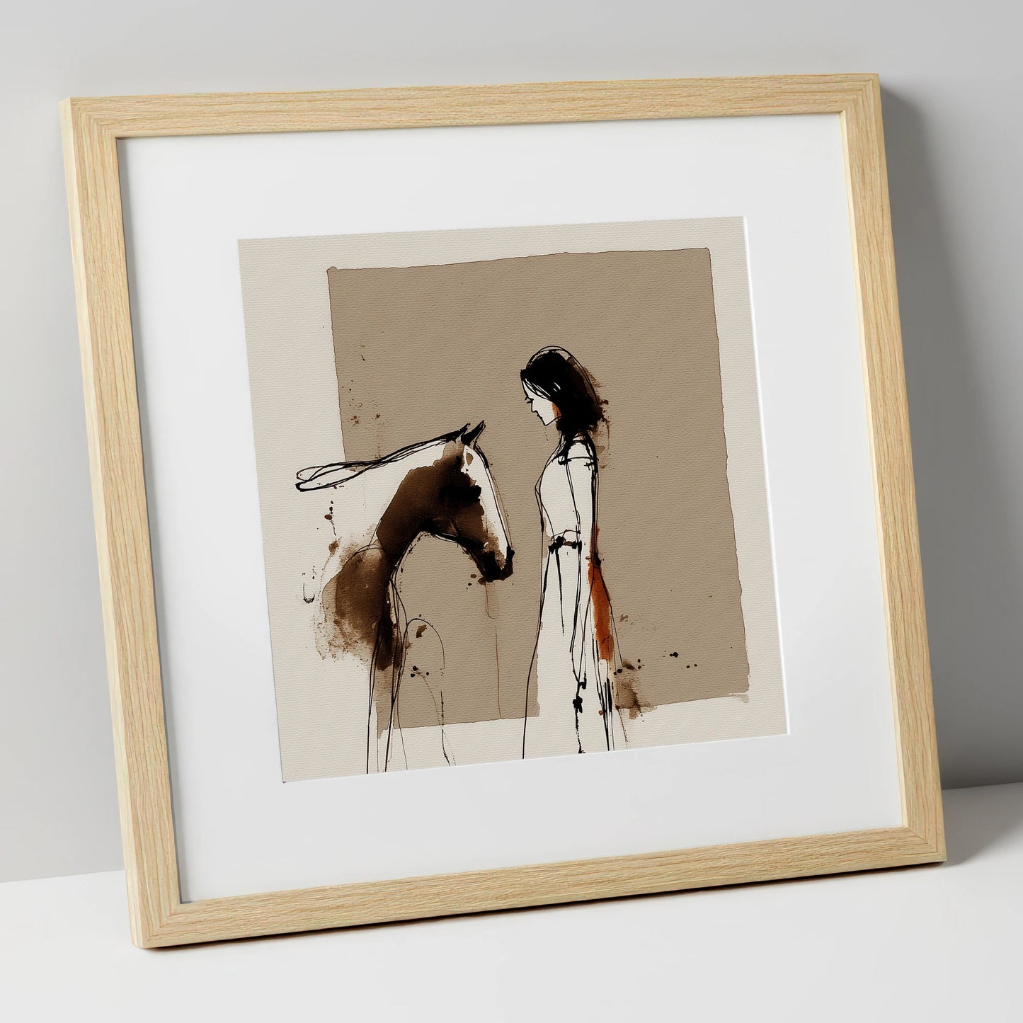 The Unspoken Bond horse & rider art print in natural frame