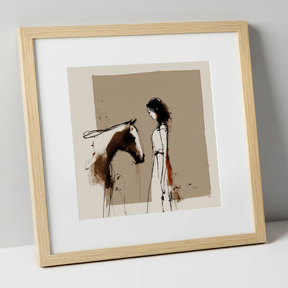 The Unspoken Bond horse & rider art print in natural frame