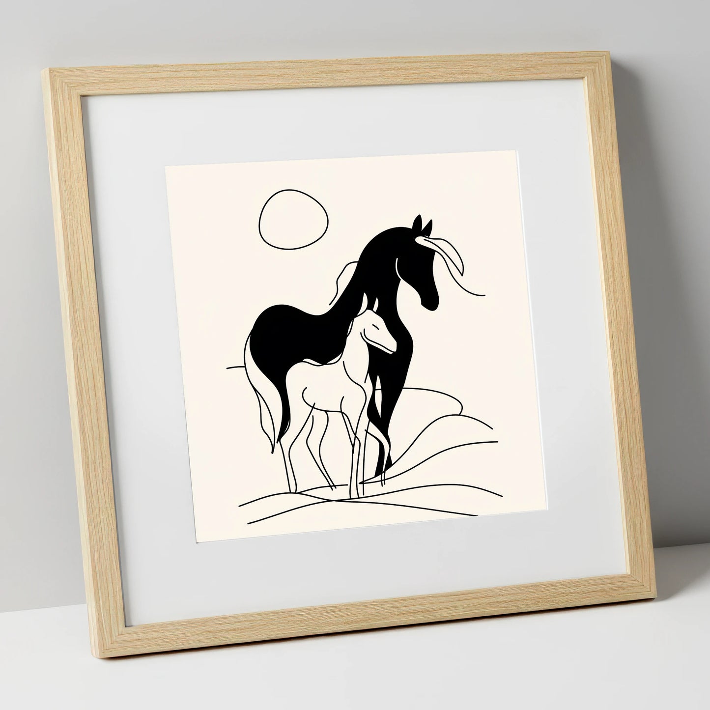 Silhouette of Devotion mare & foal art print in natural frame