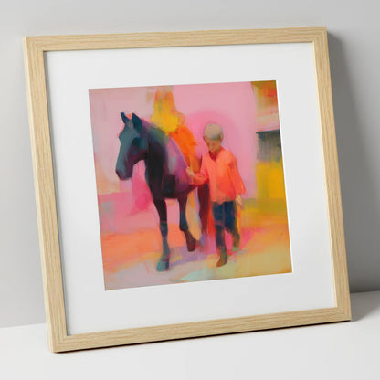 Radiant Companions horse & rider art print in natural frame