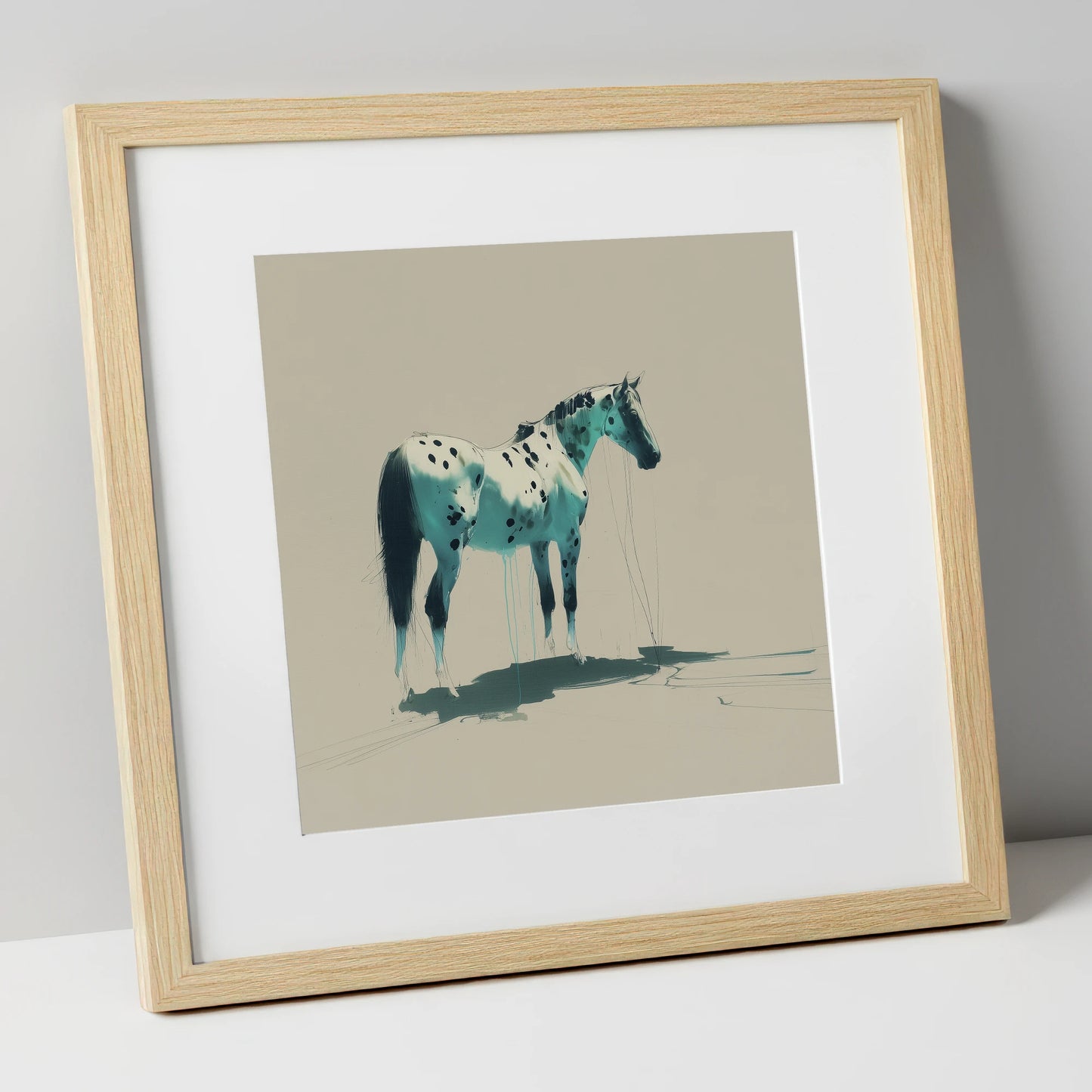 Azure Spotted Appaloosa horse breed art print in natural frame