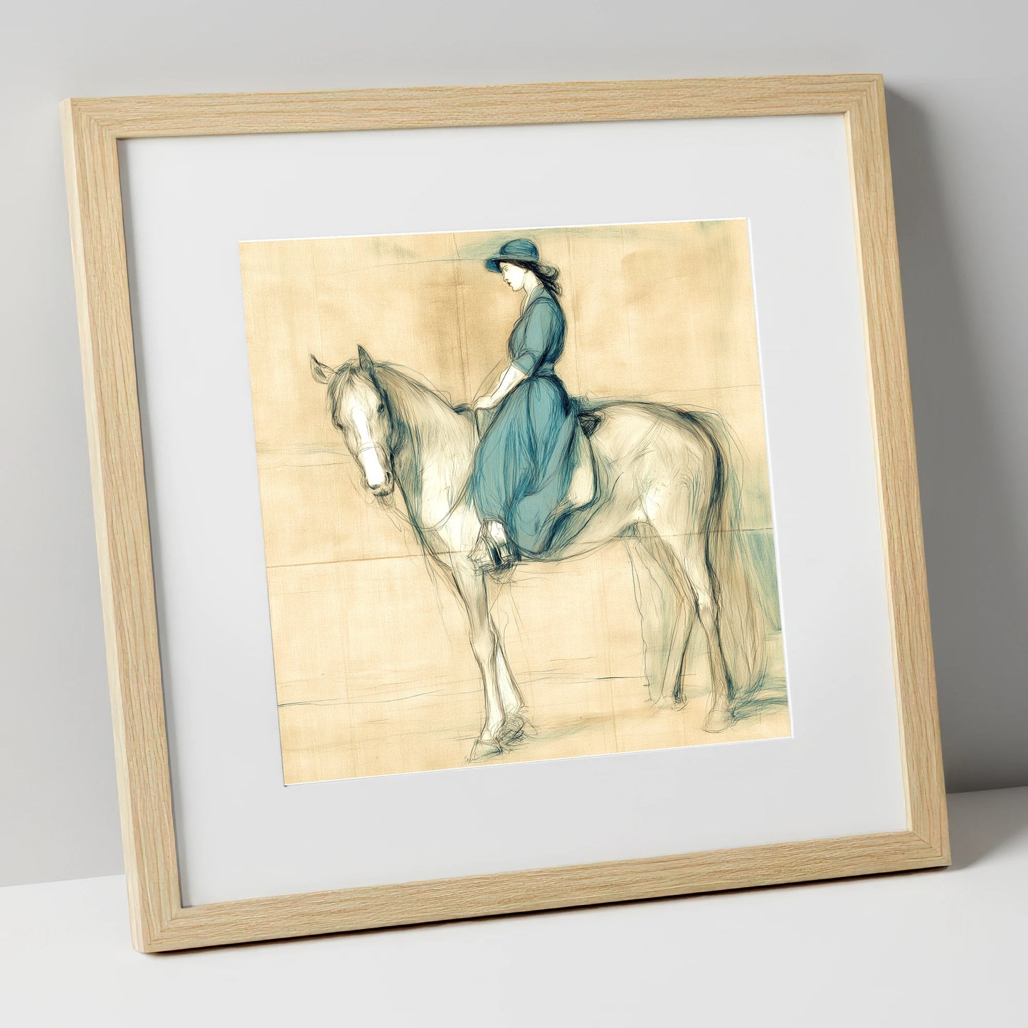 The Lady in Teal horse & rider art print in natural frame