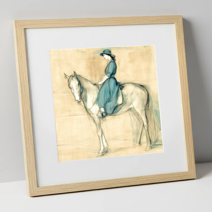 The Lady in Teal horse & rider art print in natural frame