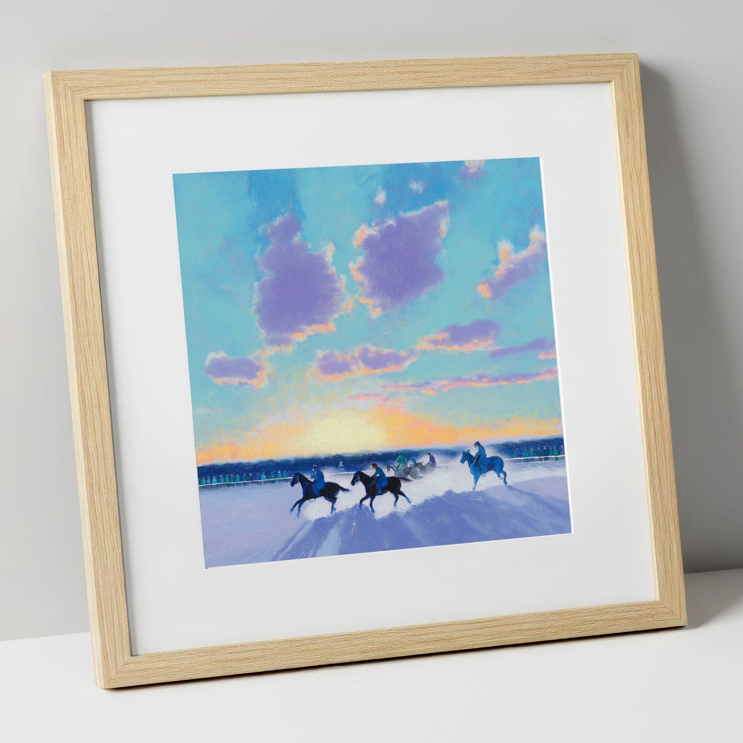 Winter Polo Dawn polo horse art print in natural frame
