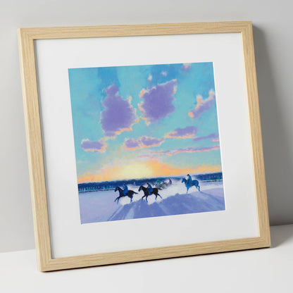 Winter Polo Dawn polo horse art print in natural frame