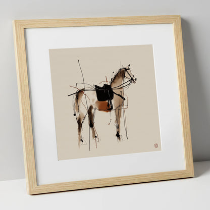 Saddled Equine Silhouette horse portrait art print in natural frame