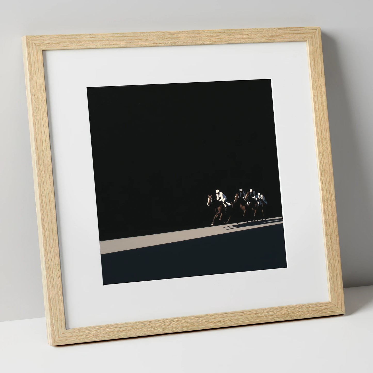 Speed in Shadows racing horse art print in natural frame