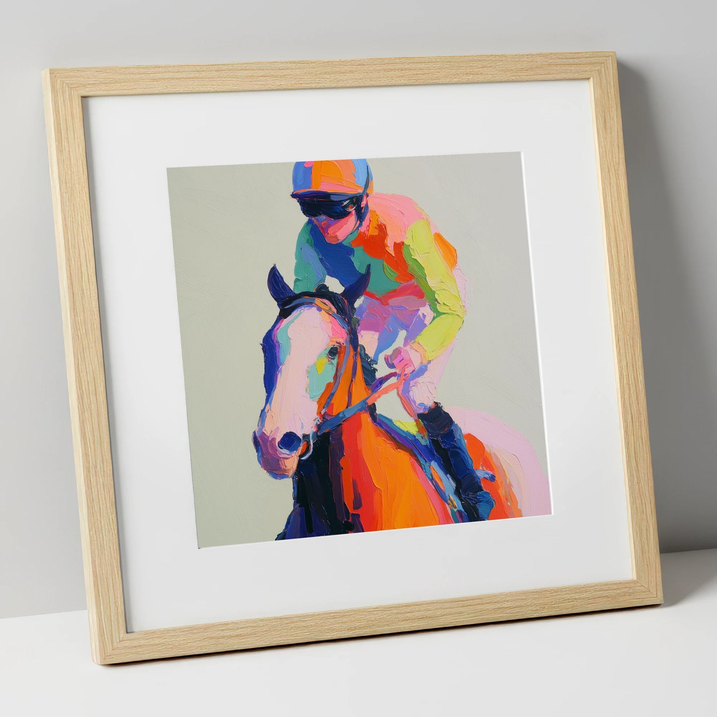 The Vibrant Sprint racing horse art print in natural frame