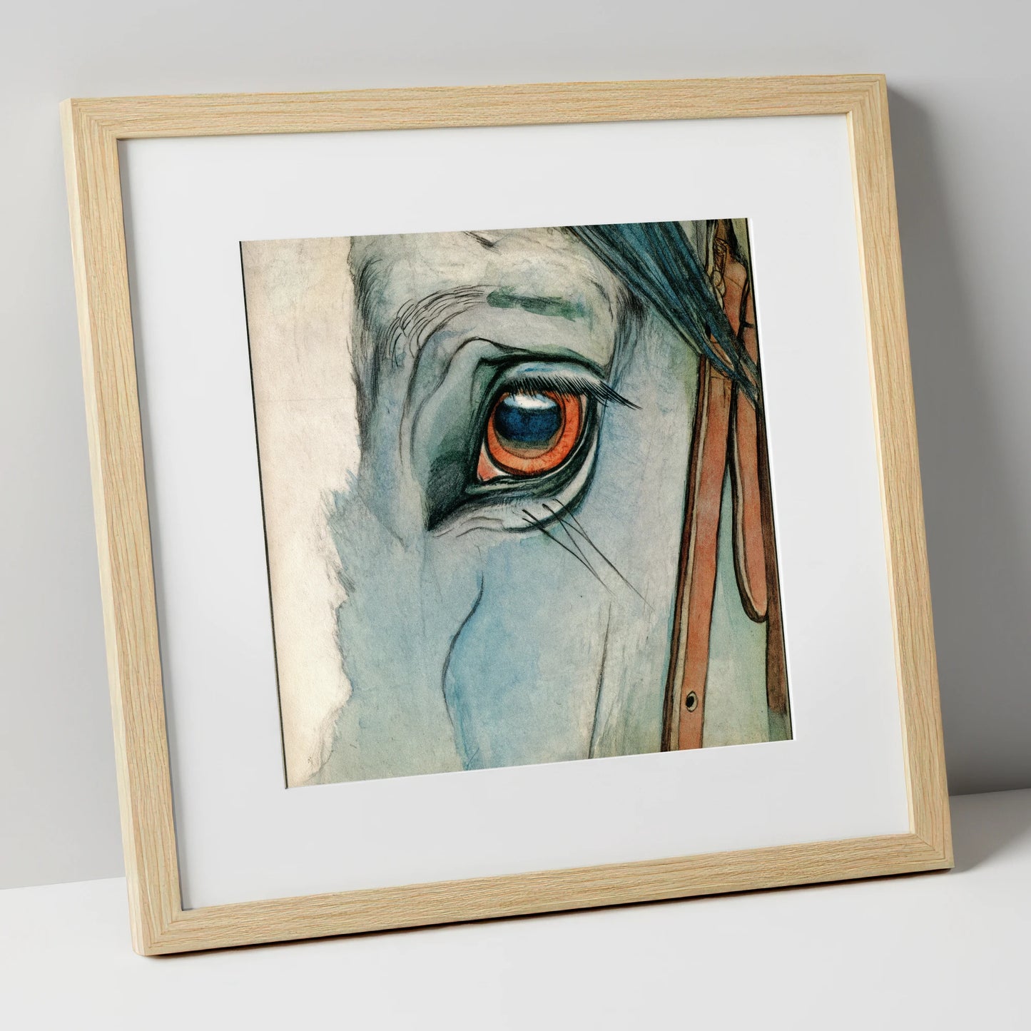 The Amber Gaze horse portrait art print in natural frame
