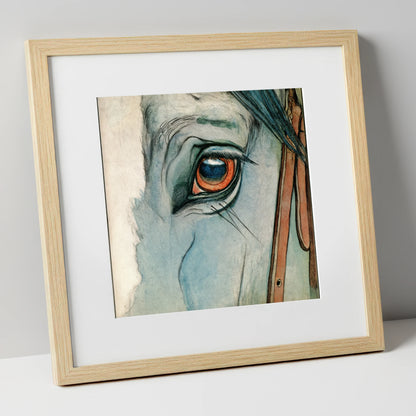 The Amber Gaze horse portrait art print in natural frame