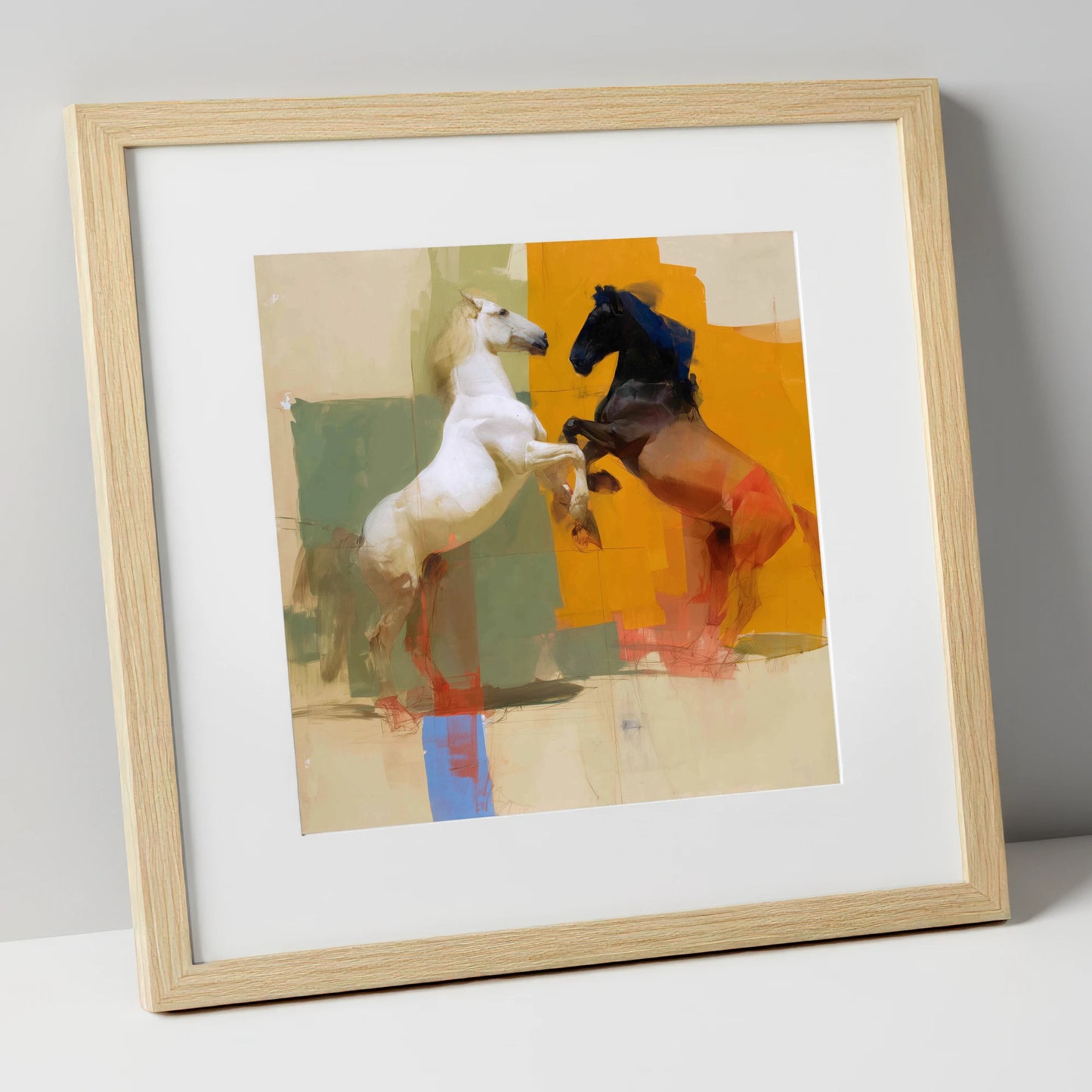 The Bold Encounter wild horses art print in natural frame