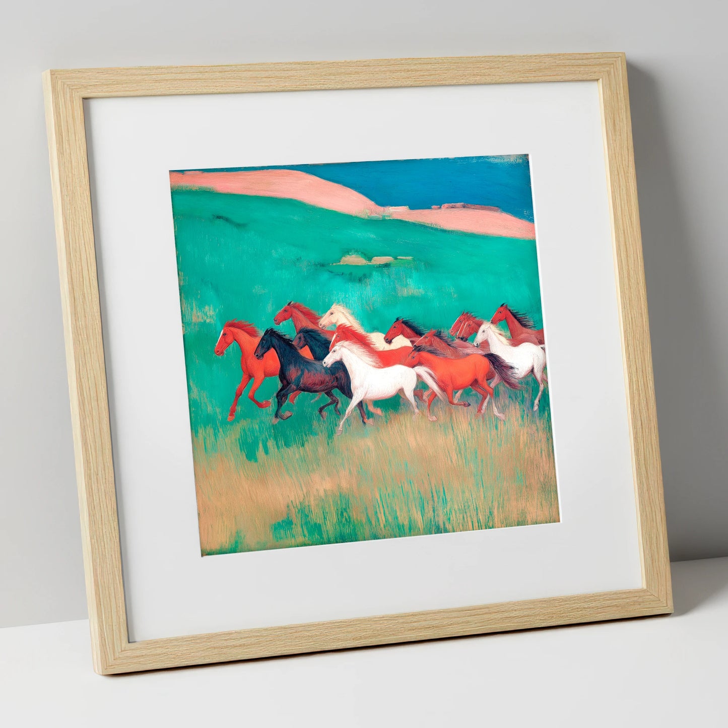 Crimson and Emerald Herd wild horses art print in natural frame