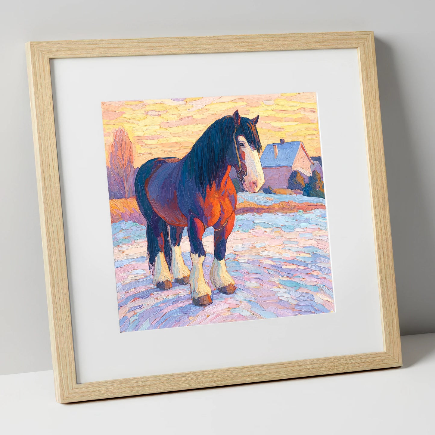 Majestic Winter Shire horse breed art print in natural frame