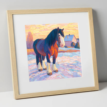 Majestic Winter Shire horse breed art print in natural frame