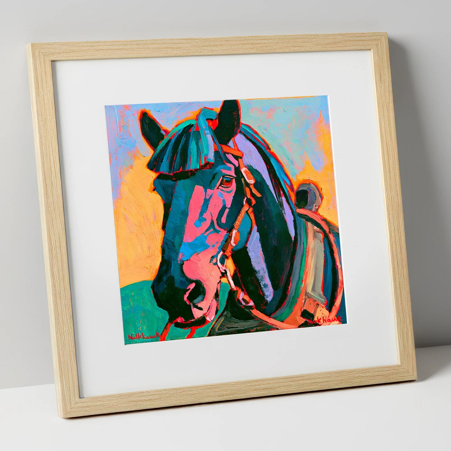 Colourful Expressionist Horse Portrait horse breed art print in natural frame