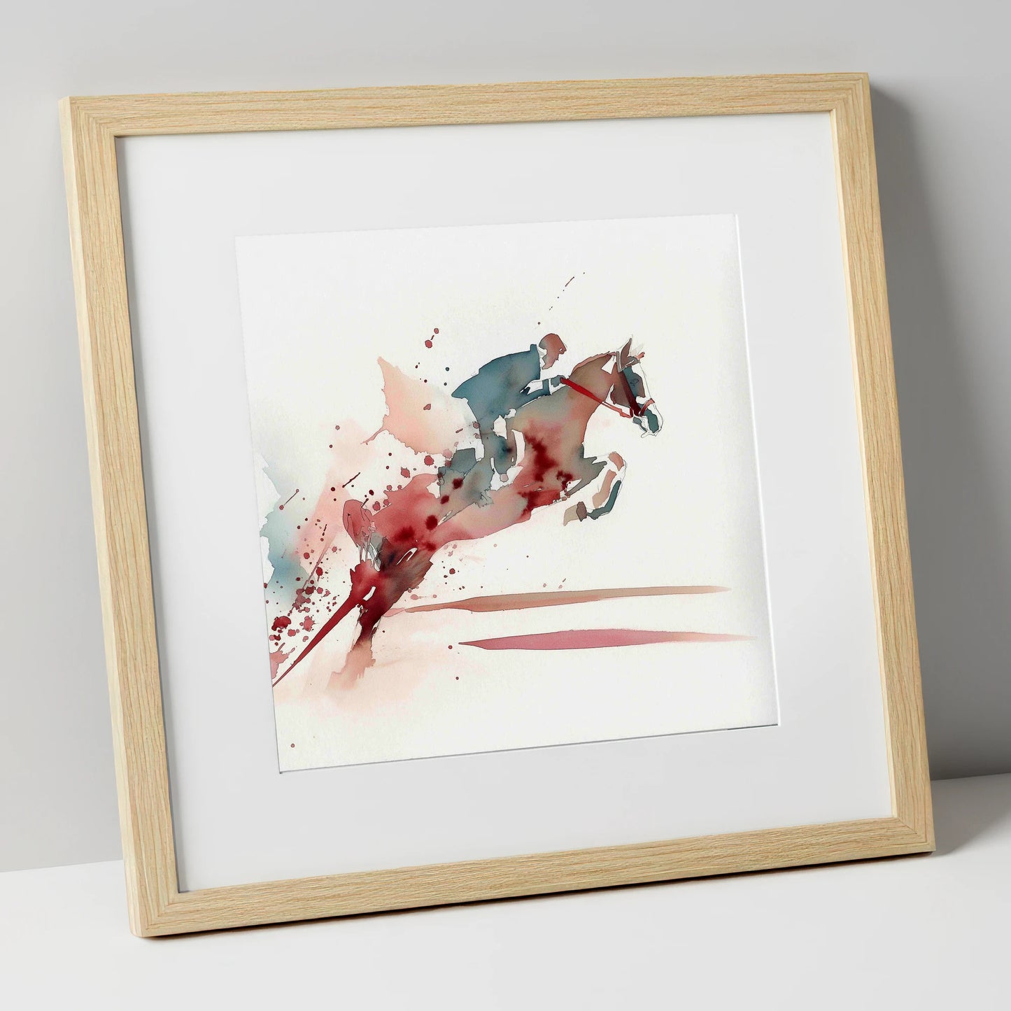 Crimson Ascent show jumping horse art print in natural frame