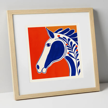 Bold Cobalt Equine Motif horse portrait art print in natural frame