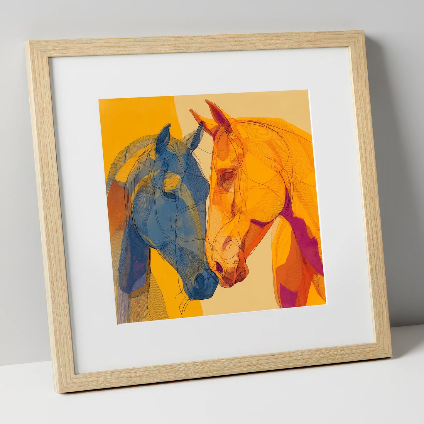 Cobalt and Amber Bond horse portrait art print in natural frame