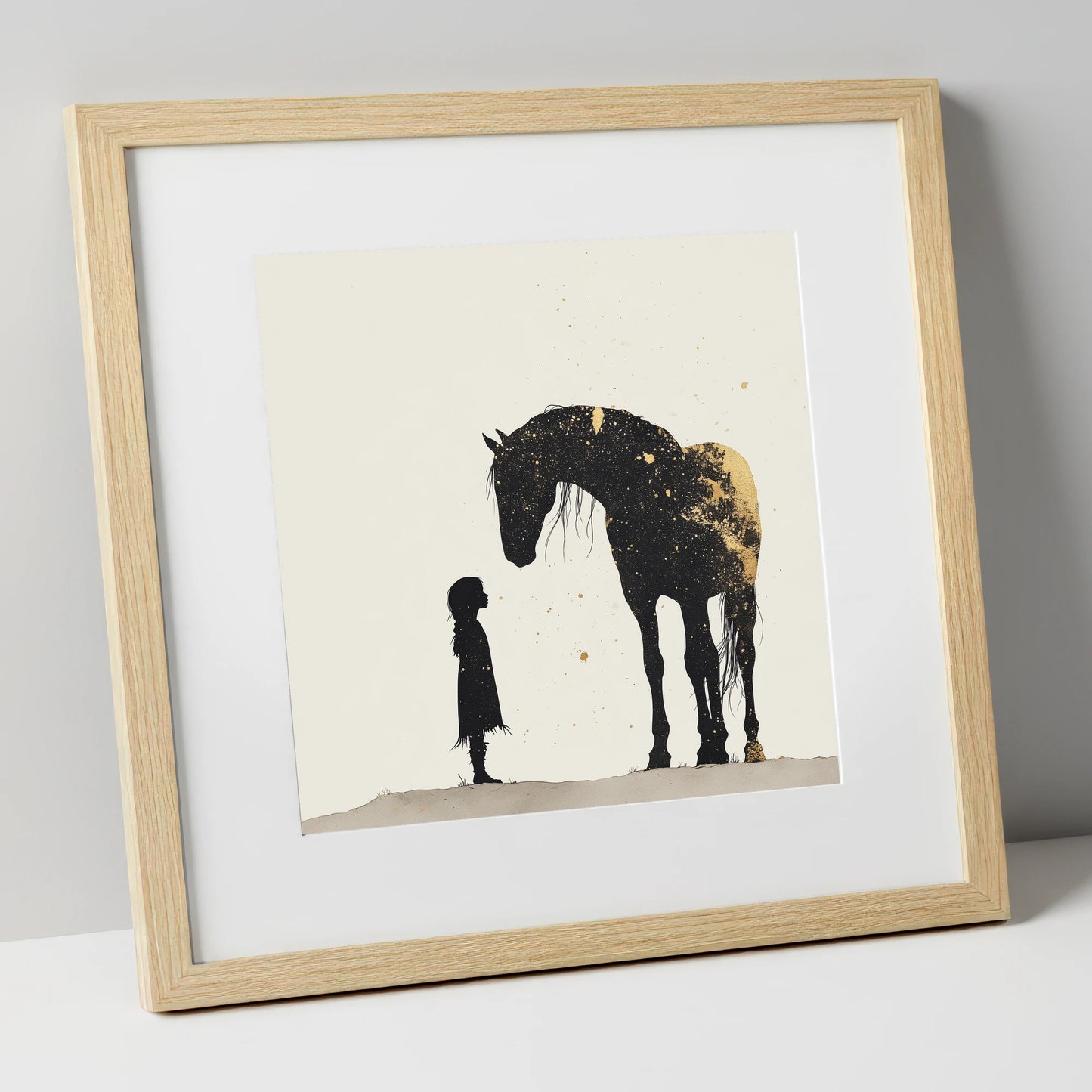 Whispers in Gold horse & rider art print in natural frame