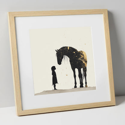 Whispers in Gold horse & rider art print in natural frame