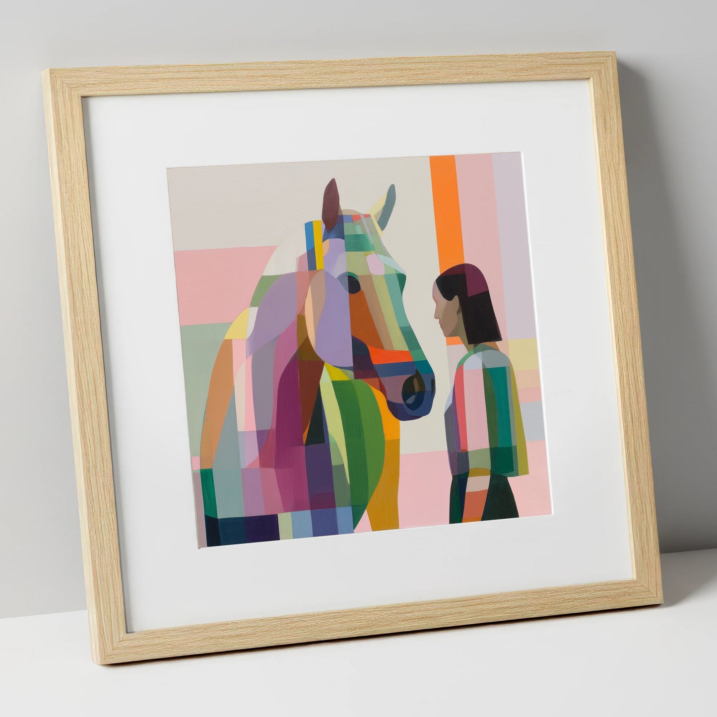 Prismatic Partnership horse & rider art print in natural frame
