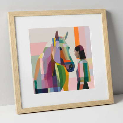 Prismatic Partnership horse & rider art print in natural frame