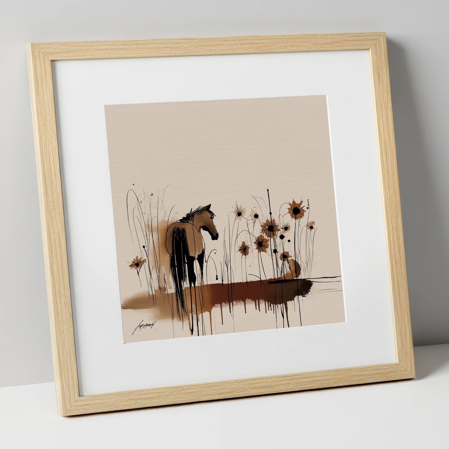 Sepia Meadow Silhouette horse landscape art print in natural frame