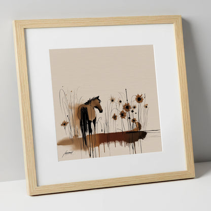 Sepia Meadow Silhouette horse landscape art print in natural frame