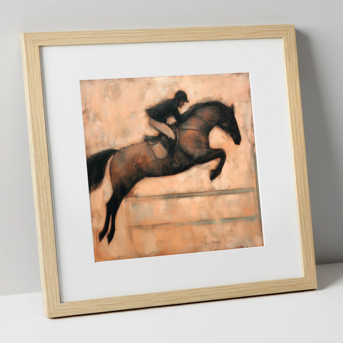 Suspended in Flight show jumping horse art print in natural frame