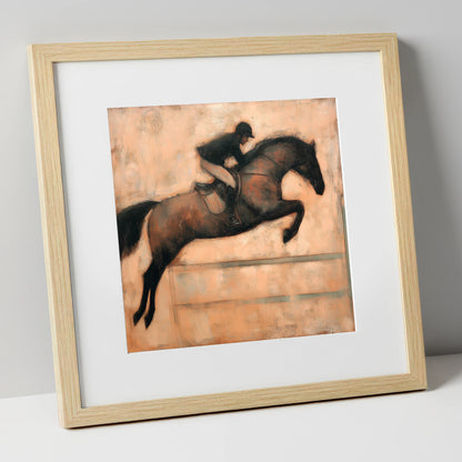 Suspended in Flight show jumping horse art print in natural frame