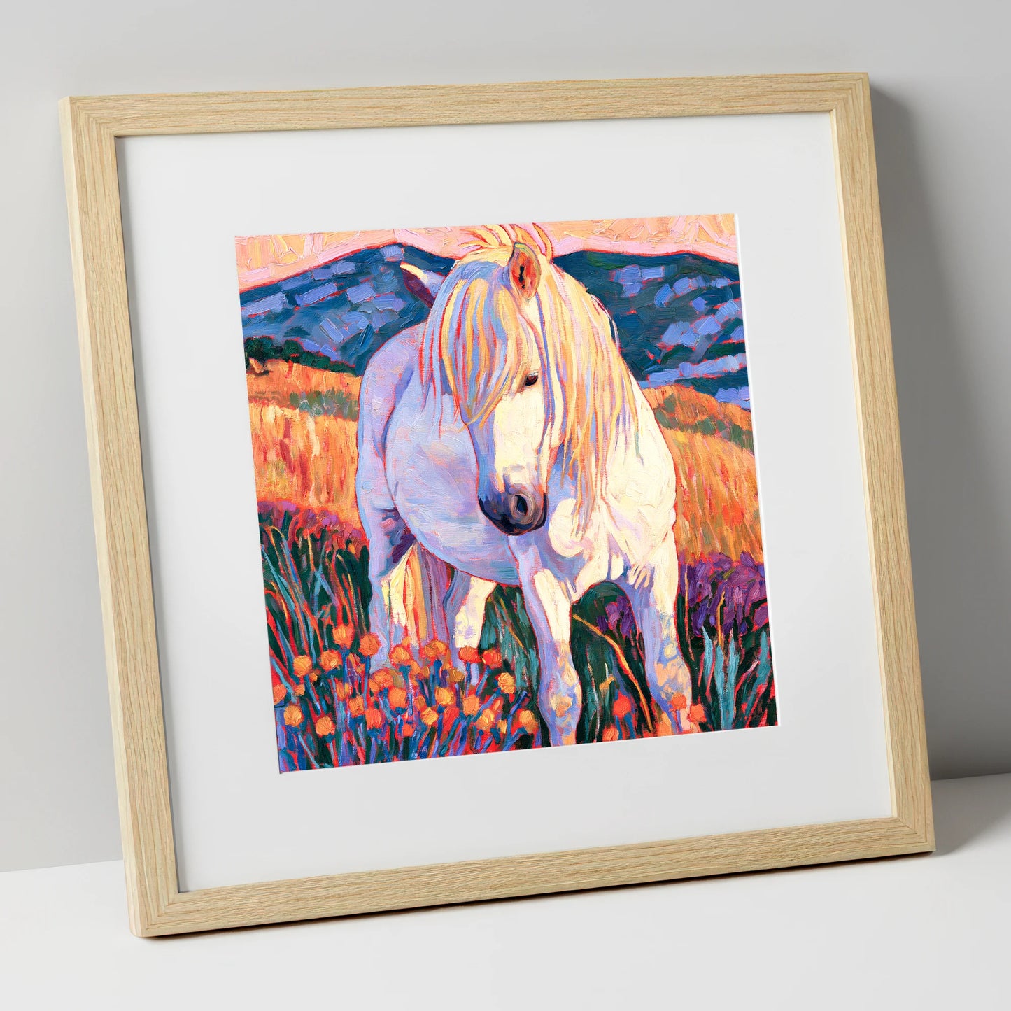 White Horse Among Orange Wildflowers horse breed art print in natural frame