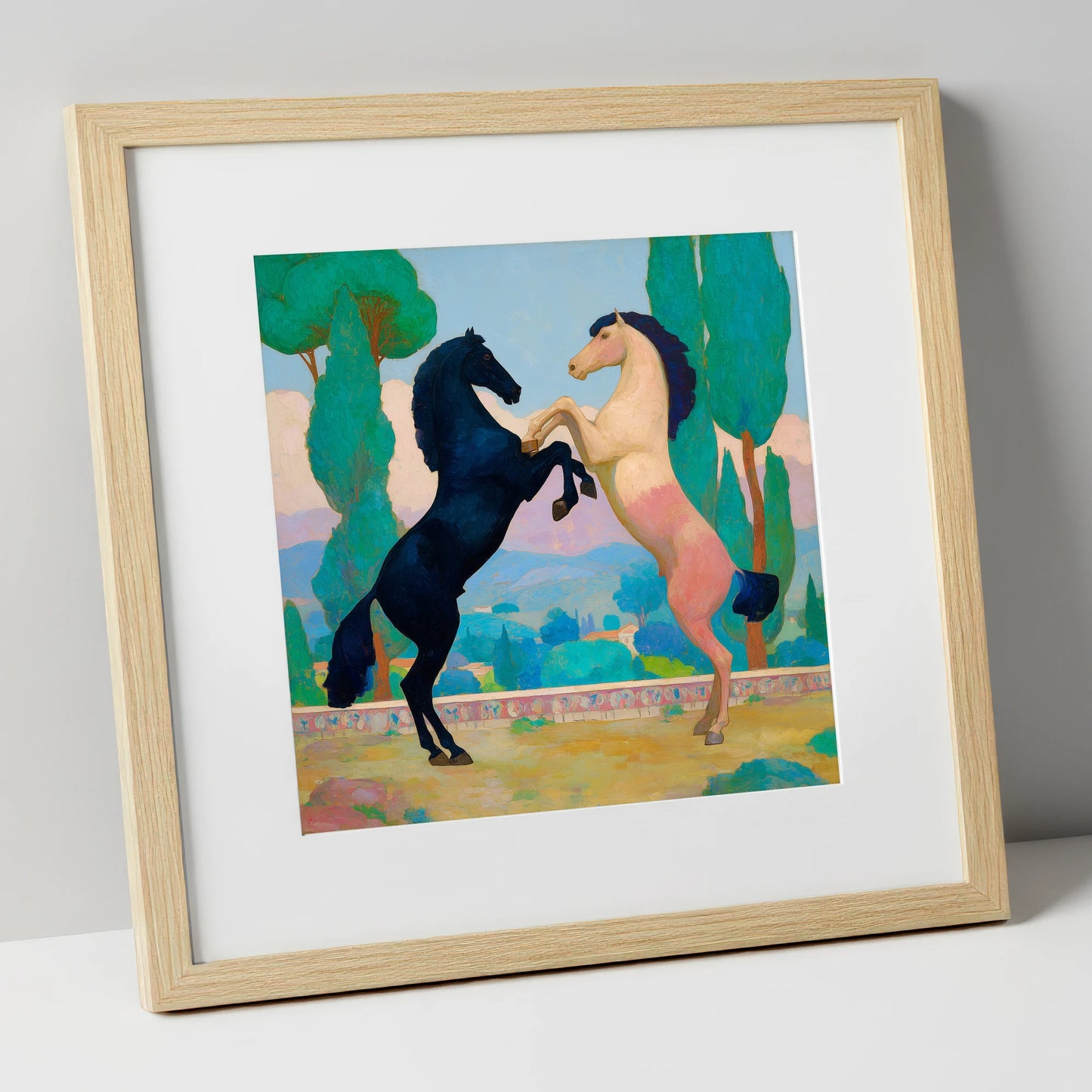 Azure and Rose Dance wild horses art print in natural frame