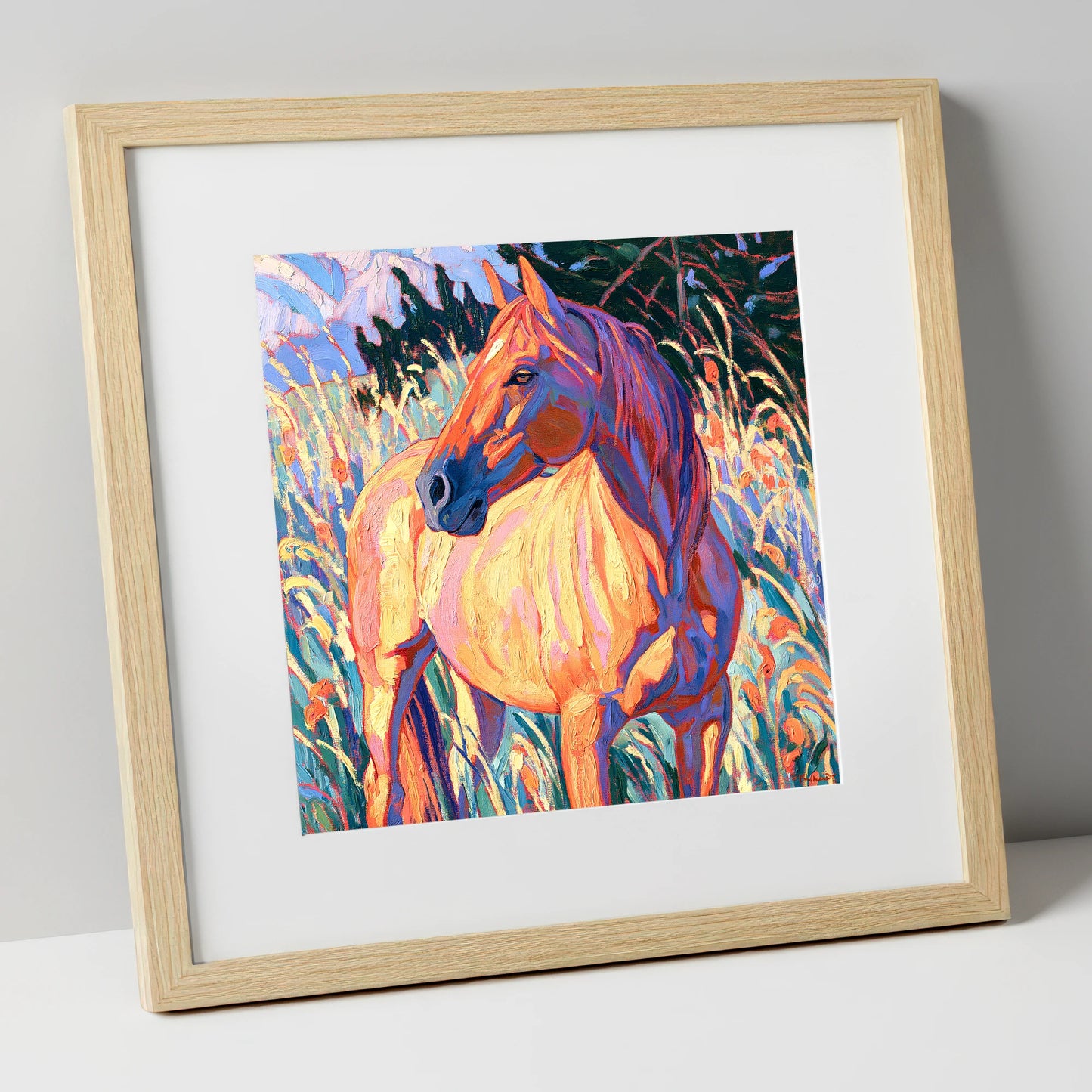 Vibrant Horse in Tall Grass horse breed art print in natural frame
