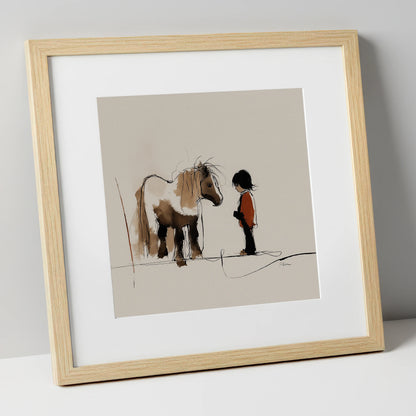 A Quiet Understanding horse & rider art print in natural frame