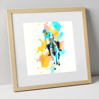 The Perfect Strike polo horse art print in natural frame