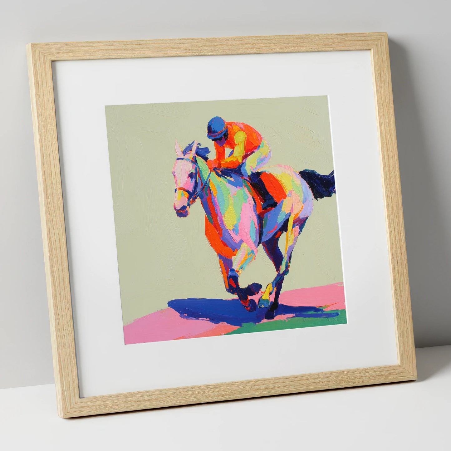 Technicolour Sprint racing horse art print in natural frame