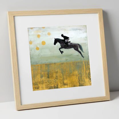 Gilded Flight show jumping horse art print in natural frame