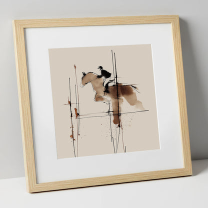 The Instant of Ascent show jumping horse art print in natural frame
