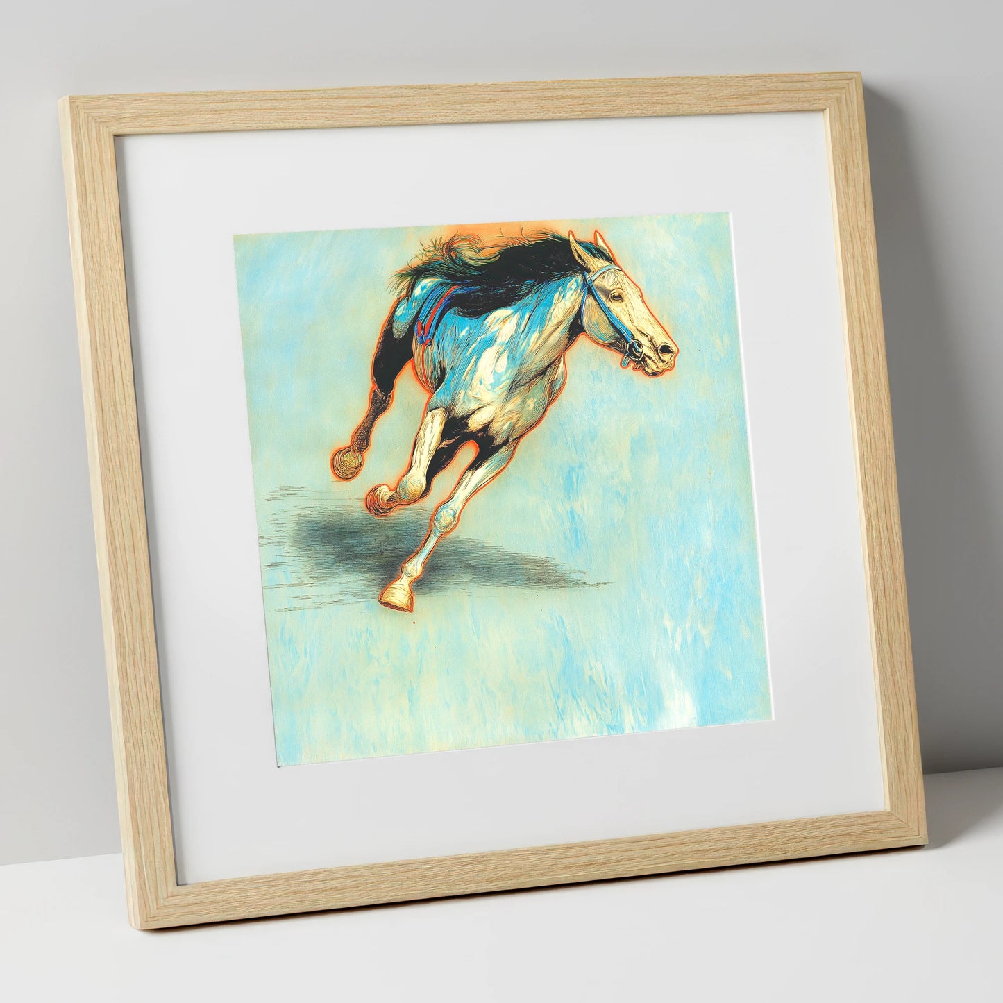 Cerulean Sprint racing horse art print in natural frame