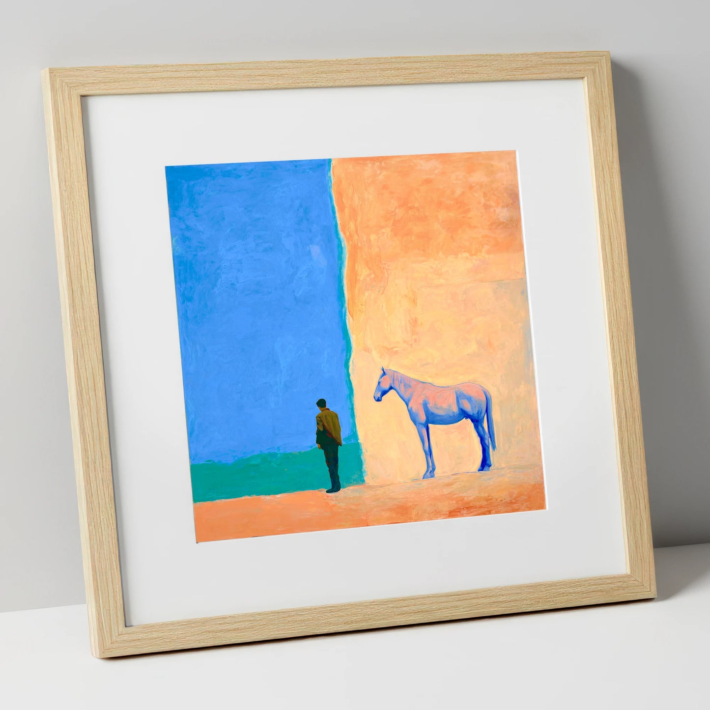 Silent Understanding horse & rider art print in natural frame